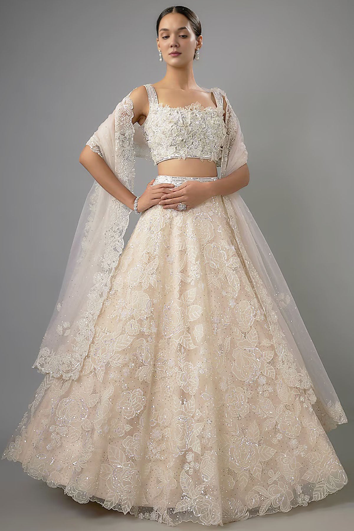 Buy Ivory Net Patchwork Lehenga Set by Shlok Design for women online at ScrollnShops